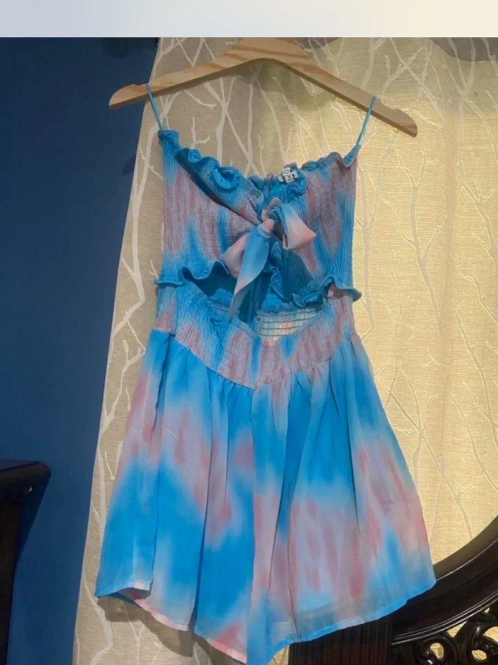 Fashion Nova Blue & Pink Tie-Dye Smocked Crop Top & Skirt Set
